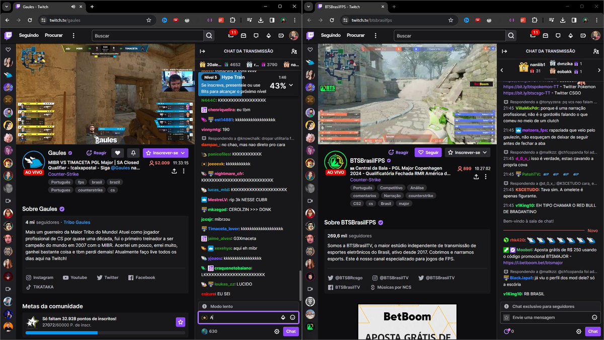 Cafematica's tweet image. CS 2 sendo transmitido oficialmente no ocanal da @BTSBRcsgo e no @Gaules lá na Twitch... '-' Eitcha... Vai repercutir muito essa diferença numérica