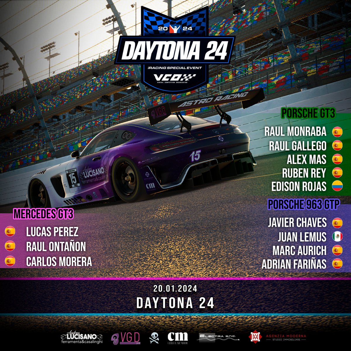 Astro Racing (@astro_racing) on Twitter photo ¡24h de Daytona! 🔥
Llegan las esperadas #Daytona24 y estos serán los 3 coches que tendremos:
GT3: <a href="/Lprz33_/">Lprz33</a> <a href="/raul_onta17/">Raúl Ontañón</a> <a href="/CarlosMChica/">Carlos Morera</a>
GT3: <a href="/Monra95/">Raül Monrabà</a> <a href="/RaGaTo15/">Raul Gallego</a> <a href="/Alex14SR/">Alex14SR</a> <a href="/RubenRey78/">Ruben Rey</a> <a href="/EdisonRojasHer1/">Edison Rojas Hernandez</a>
GTP: @javichaves_AR <a href="/Lemur_Camionero/">Juan Lemus</a> <a href="/AurichMarc/">Marc Aurich</a> <a href="/adcri2/">adcri</a>
#WeAreAstro 👽 ¡24h de Daytona! 🔥
Llegan las esperadas #Daytona24 y estos serán los 3 coches que tendremos:
GT3: <a href="/Lprz33_/">Lprz33</a> <a href="/raul_onta17/">Raúl Ontañón</a> <a href="/CarlosMChica/">Carlos Morera</a>
GT3: <a href="/Monra95/">Raül Monrabà</a> <a href="/RaGaTo15/">Raul Gallego</a> <a href="/Alex14SR/">Alex14SR</a> <a href="/RubenRey78/">Ruben Rey</a> <a href="/EdisonRojasHer1/">Edison Rojas Hernandez</a>
GTP: @javichaves_AR <a href="/Lemur_Camionero/">Juan Lemus</a> <a href="/AurichMarc/">Marc Aurich</a> <a href="/adcri2/">adcri</a>
#WeAreAstro 👽