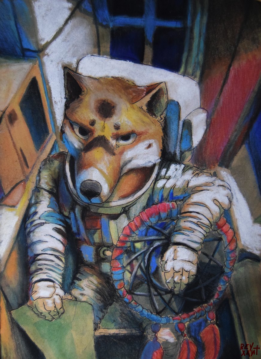 XantRey's tweet photo. So i haven't introduce none of my OC's so this is Moya he's an astronaut... kinda... well actually no. he may look angry but nah, he's just a tibetan fox.

#furryart #furryartwork #furry #tradicionalart #furrydrawing #ChalkArt #Chalkpastels https://t.co/ESN9CPGN8p