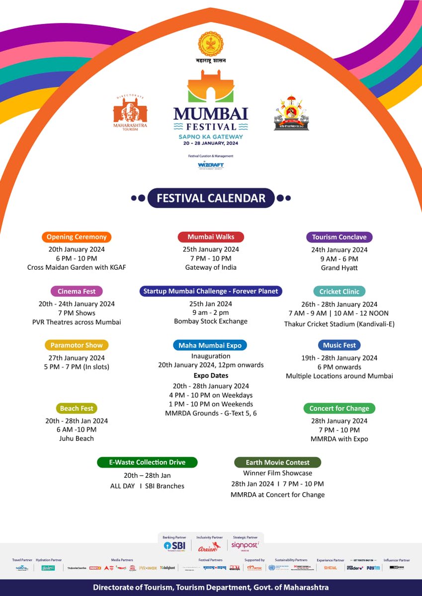 The #mumbaifestival kicks off today, 20th January, and will continue its festivities until the 28th of January 2024. Here's the exciting event calendar for the nine days filled with unlimited fun and celebration. Join us in commemorating the vibrant spirit of Aamchi Mumbai!
