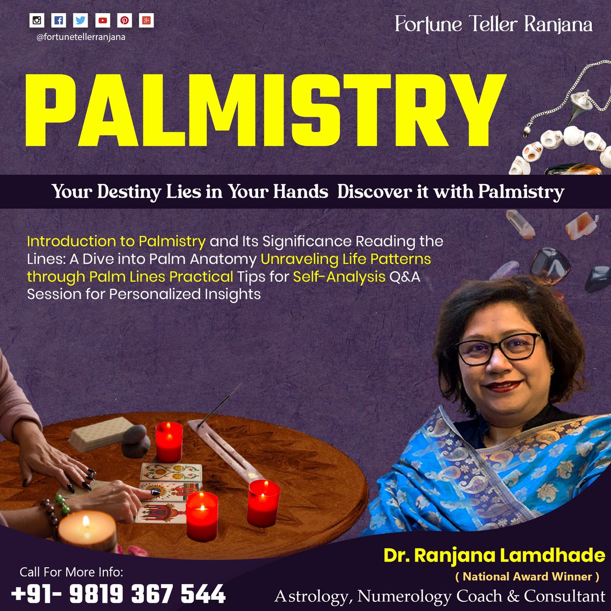 𝗣𝗔𝗟𝗠𝗜𝗦𝗧𝗥𝗬

Your Destiny Lies in Your Hands  Discover it with Palmistry
.
.
.
#fortunetellerranjana #drranjnalamdhade #PalmReading #ExploreYourDestiny #HandAnalysis #UnlockTheMysteries #PalmistryInsights #SelfDiscovery #DiscoverYourPath #AncientWisdom #PalmistryEnthusiast