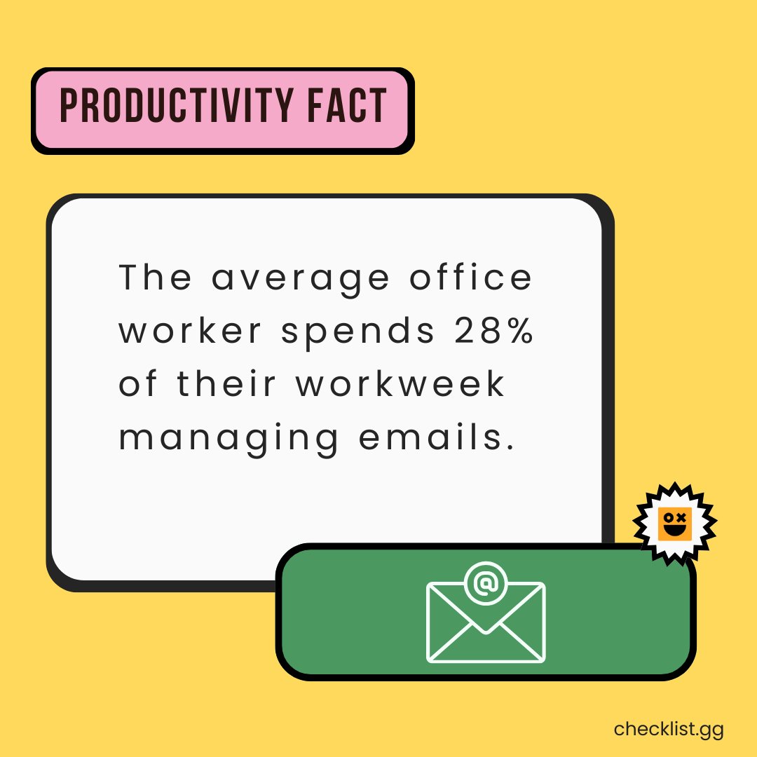 Did you know? The average office worker dedicates 28% of their work week to managing emails. 
Let that sink in! How do you optimize your email productivity? Share your tips in the comments. 
#ProductivityFact #EmailManagement #WorkEfficiency