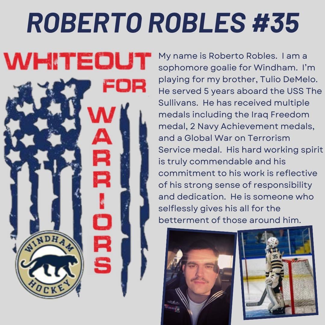 The Whiteout for Warriors game is today, January 20. All Londonderry and Windham players will wear a customized jersey honoring a veteran of their choice. Today we have Windham sophomore Roberto Robles. #highschoolhockey #military #militaryappreciation