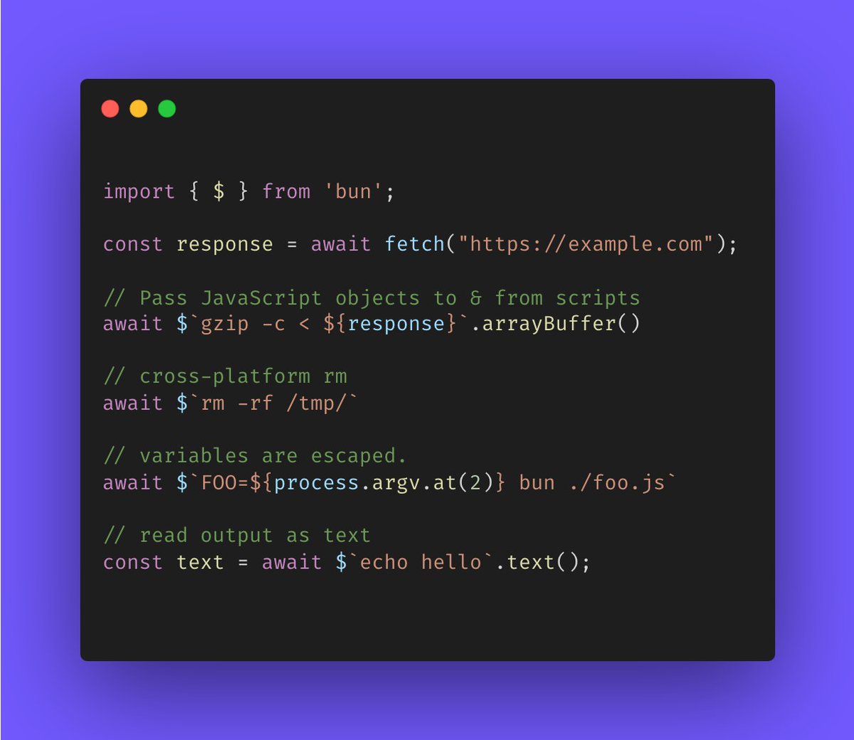 bunjavascript's tweet image. Introducing the Bun Shell

Cross-platform shell language &amp;amp; interpreter for shell scripting with JavaScript