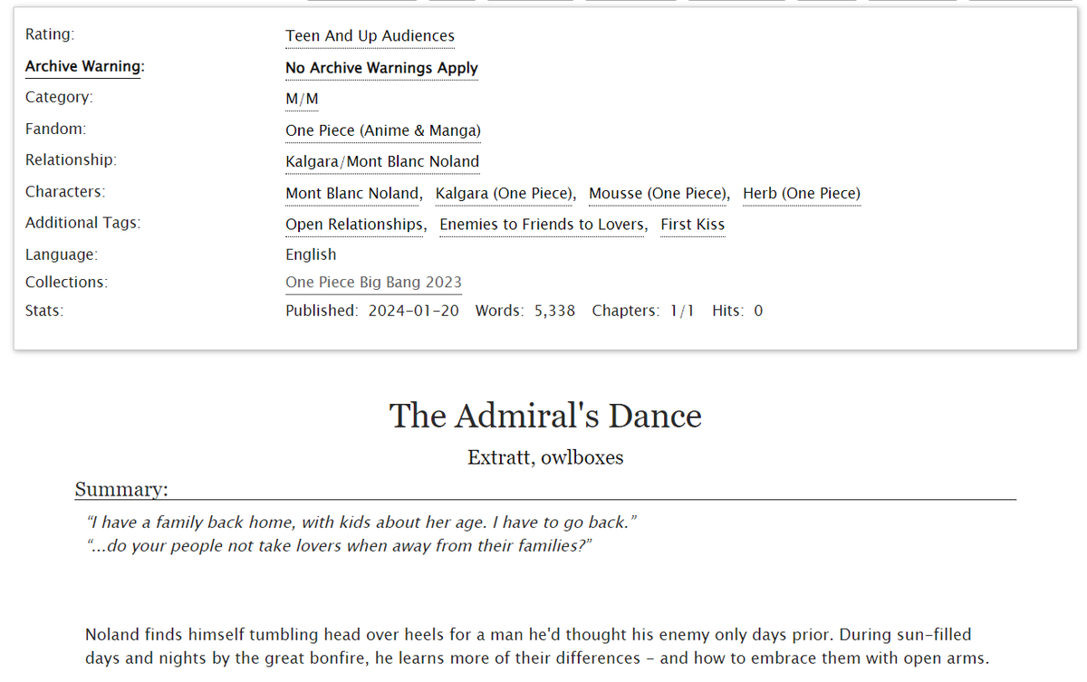 _owlboxes's tweet photo. Happy #OPBB2023! :D

I'm so excited to finally share my work with you guys! Please enjoy, and take a moment to check out the absolutely gorgeous artwork that @extratt413 created for it!

The Admiral's Dance (Noland/Kalgara, Rated T)
Read it here!
https://t.co/f8eyuqdQDg https://t.co/TPg1T7eWIR