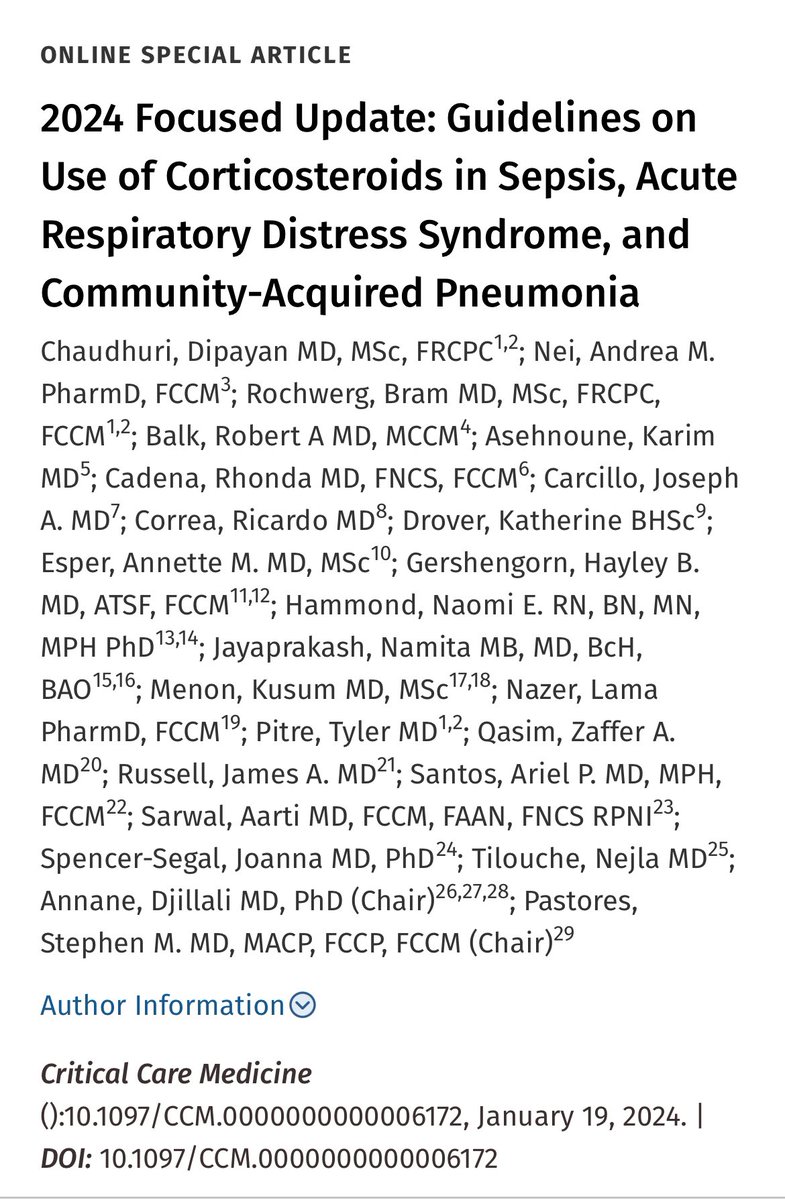 SCCM guideline on corticosteroid use in sepsis, ARDS, and CAP now available!  Make sure to attend the Congress session Monday morning where @dipayan_c will present the panel recommendations! An incredible opportunity and a great panel to work with! @SCCM @CritCareMed @MayoPCCM