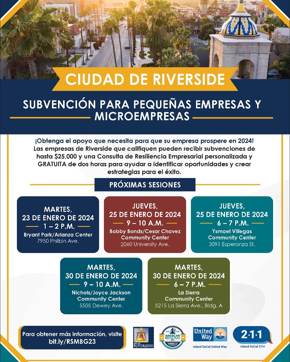 CALLING ALL RIVERSIDE SMALL &amp; MICRO BUSINESS OWNERS: Attend one of our upcoming sessions to learn more about the Small &amp; Micro Business Grant program and how you can qualify for up to $25,000 in grant awards.

For more info: bit.ly/rsmbg23