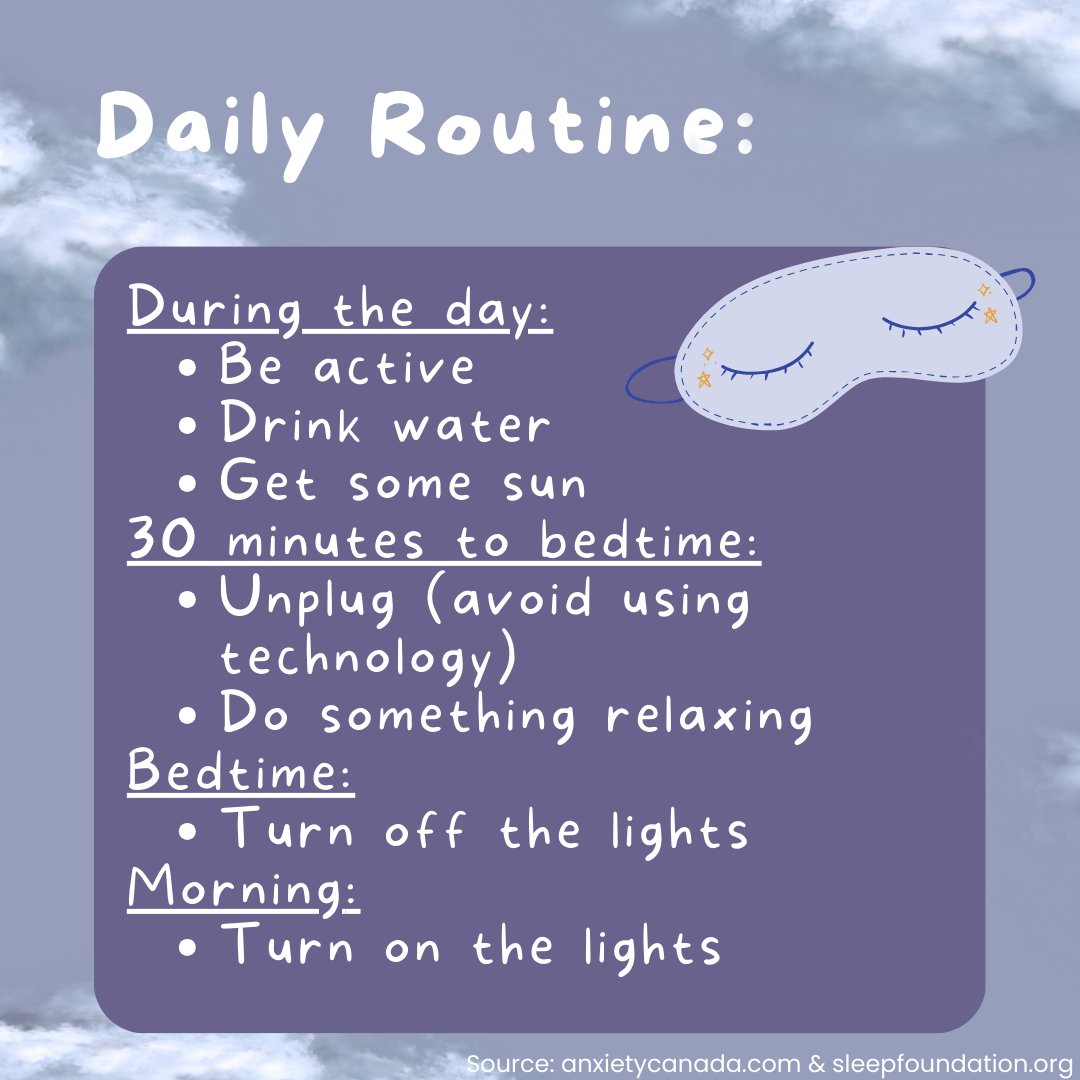 Building a routine that makes sense for you and sticking to it may help you sleep better! Here are some things to keep in mind when thinking about a routine that promotes quality sleep 💤

For more tips like this: 
➡️ anxietycanada.com/articles/makin…
➡️ sleepfoundation.org/sleep-hygiene