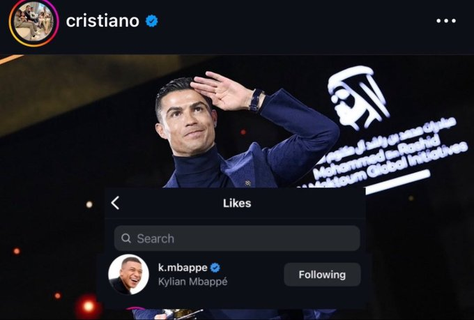 Kylian Mbappe has liked Cristiano Ronaldo's Instagram Post. 🫡