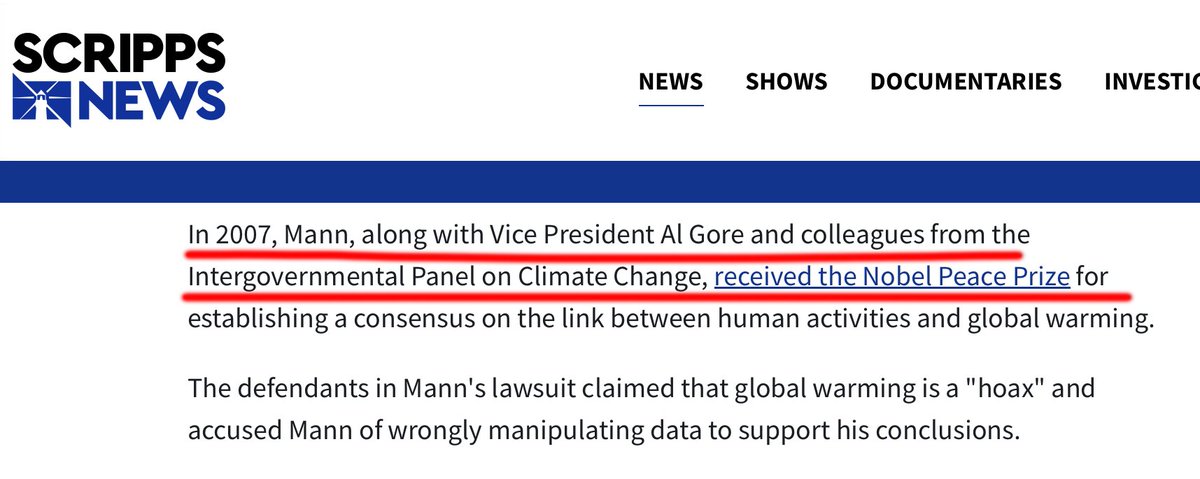 Fake Nobel prize news: @scrippsnews falsely calls @MichaelEMann a Nobel prize winner. The Nobel committee emphatically denied that Mann ever won a Nobel after Mann started claiming he did. junkscience.com/2012/10/michae… But Mann seems to keep telling people that he did anyway. I have…