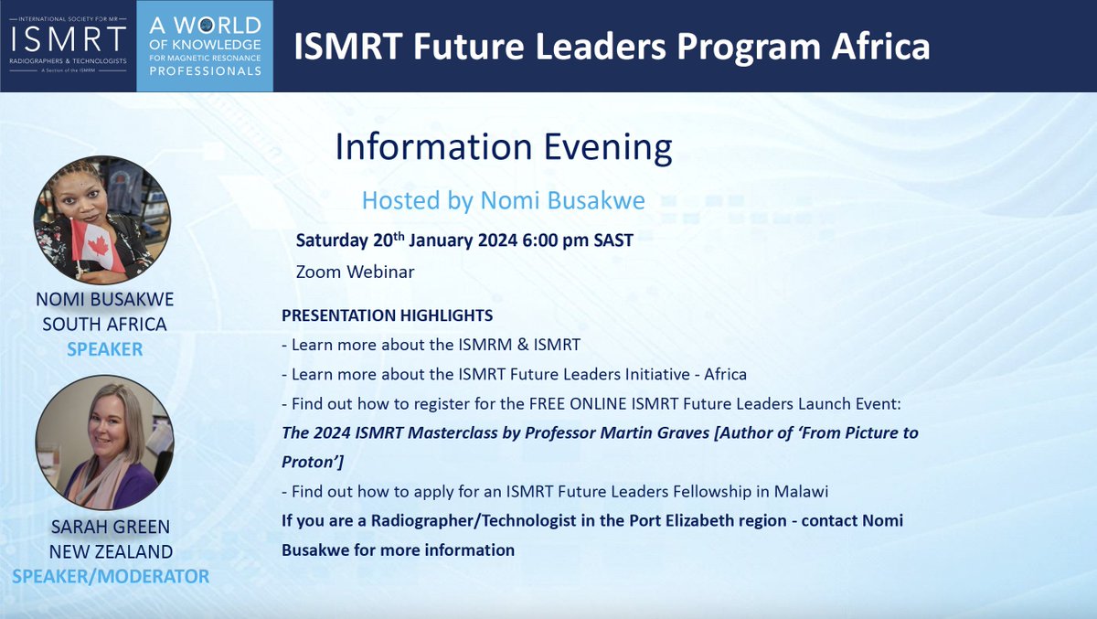 Shawna_Far's tweet photo. Looking forward to Nomawethu Busakwe's presentation which will launch the #ISMRTFutureLeaders program in #Easterncape  -#SouthAfrica! 

Noma &amp; her mentor Sarah Green - have been key in the development of this powerful initiative for Radiographers &amp; Technologists across #Africa! https://t.co/XxlkQY23m0