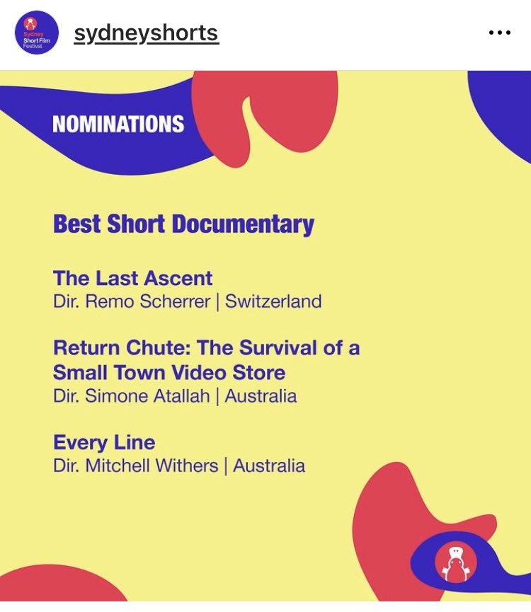 AviatrixFilms's tweet photo. Thanks to Sydney Short Film Festival for nominating Return Chute for Best Short Documentary. Watch amazing short films from around the globe FOR FREE on Thursday, 1 Feb at the Ritz Cinemas in Randwick 📀📼❤️
#SSFF24 #shortfilm #documentary #shortdocumentary #savethevideostore https://t.co/wnlgCmARCZ