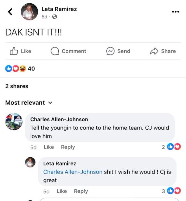 jasrifootball's tweet image. 𝗧𝗥𝗘𝗡𝗗𝗜𝗡𝗚: CeeDee Lamb’s mother goes in on #Cowboys QB Dak Prescott on Facebook… saying “DAK ISNT IT” along with saying that her son deserves better. 

“They need to get rid of his ass.. It’s guys on that team that want a RING! They work too hard.. he don’t want to win a…