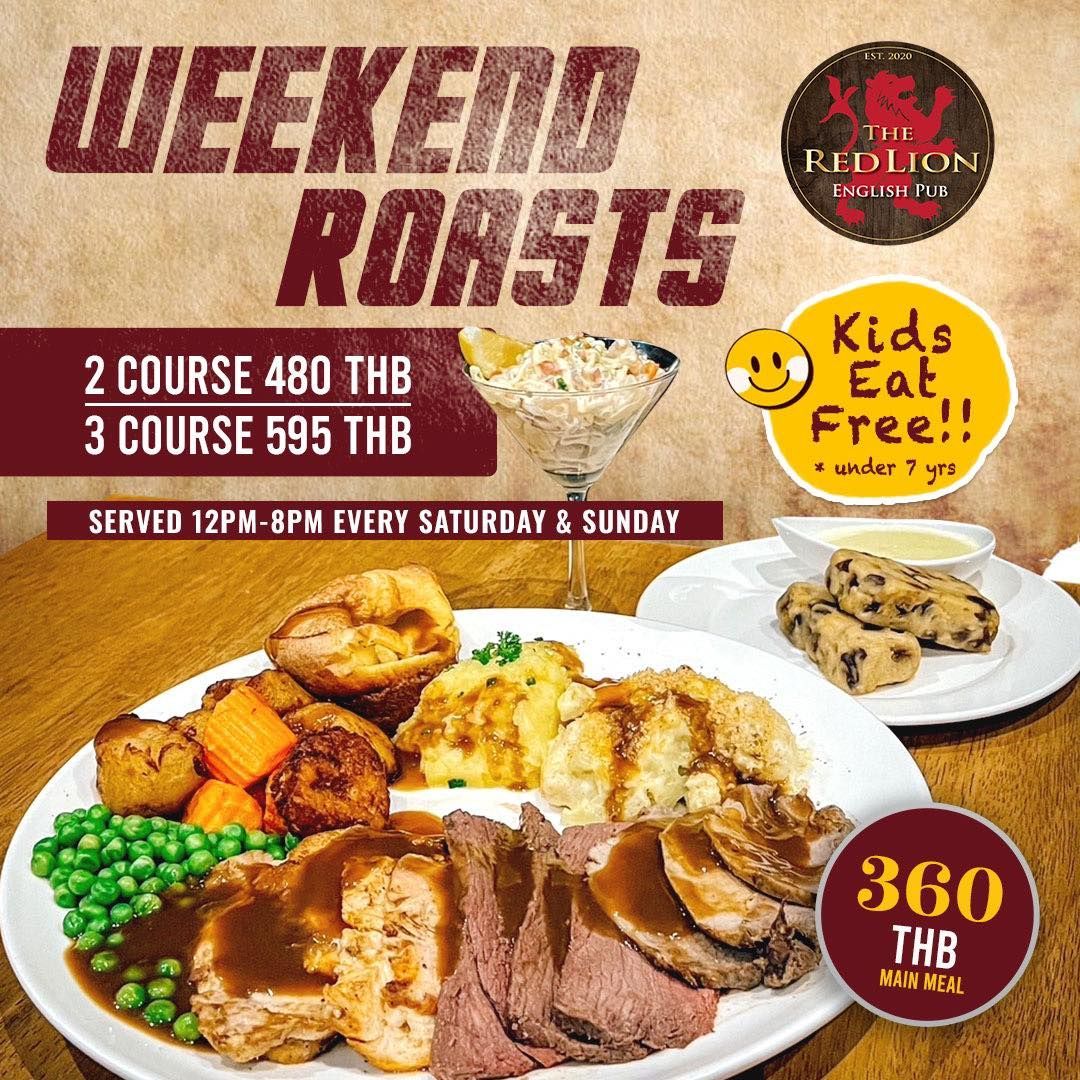 🍗🔥 It's time to savor the flavors of the Weekend Roast at The Red Lion! Bring your family and enjoy a mouthwatering feast. Plus, kids under 7 eat free! 🎉 Don't miss out on this delicious offer! #WeekendRoast #FamilyFun #KidsEatFree