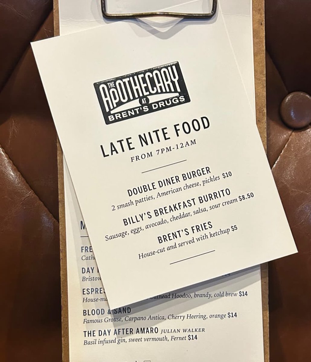 Now serving our Late Nite Food menu in Apothecary from 7 PM to midnight on Friday &amp; Saturday nights