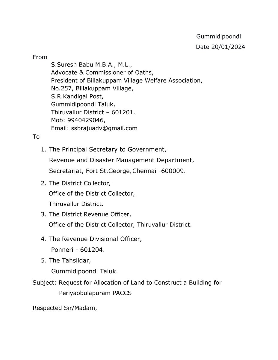 ssbrajuadv's tweet photo. I am writing a letter requesting the #allocation of #land to #construct a building for the #Periyaobulapuram #PACCS in #Gummudipoondi Taluk, Thiruvallur District. 
1/2
@CMOTamilnadu
@mkstalin 
@OfficeOfKRP
@SDMeena_IAS
@Chief_Secy_TN
@Udhaystalin
@TiruvallurCollr https://t.co/NAaqiLDa8O