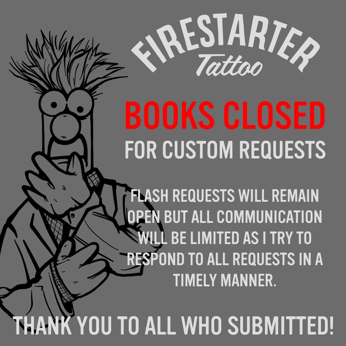 FirestarterInk's tweet image. Hello my custom books are now closed! If additional openings pop up I’ll communicate across my socials.
Please allow me some time to read and respond while also enjoying a small family vacation.
Thank you for all of the cool ideas!!!