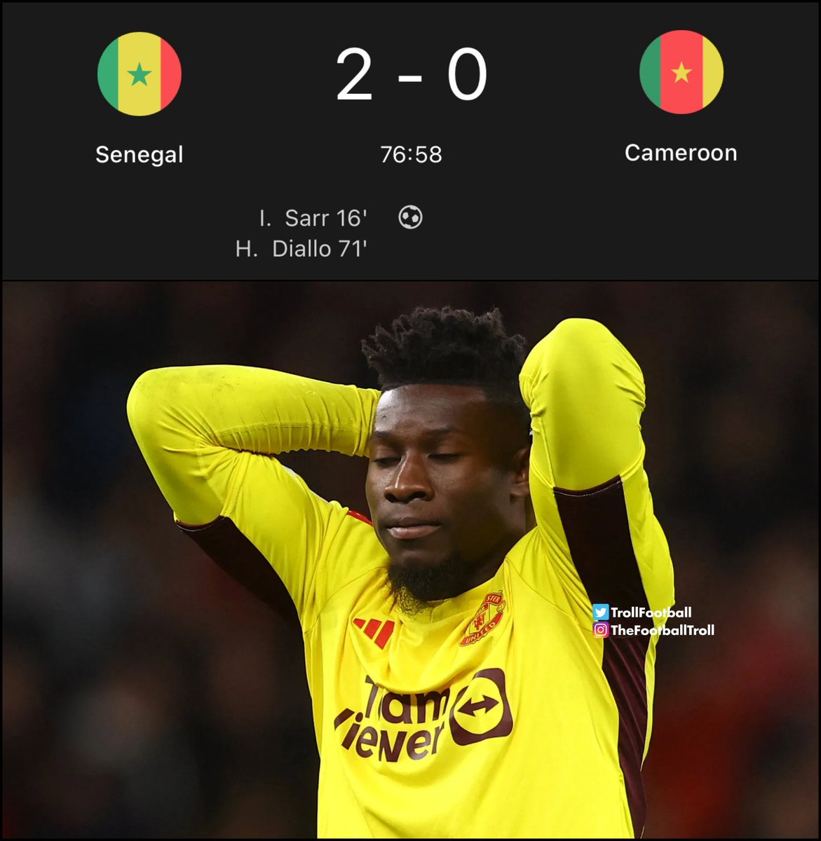 Onana delayed to fly for Afcon to play a game @ManUtd vs @SpursOfficial : Concede 2 Goals He joins Cameroon and Concede 2 goals What a consistent player