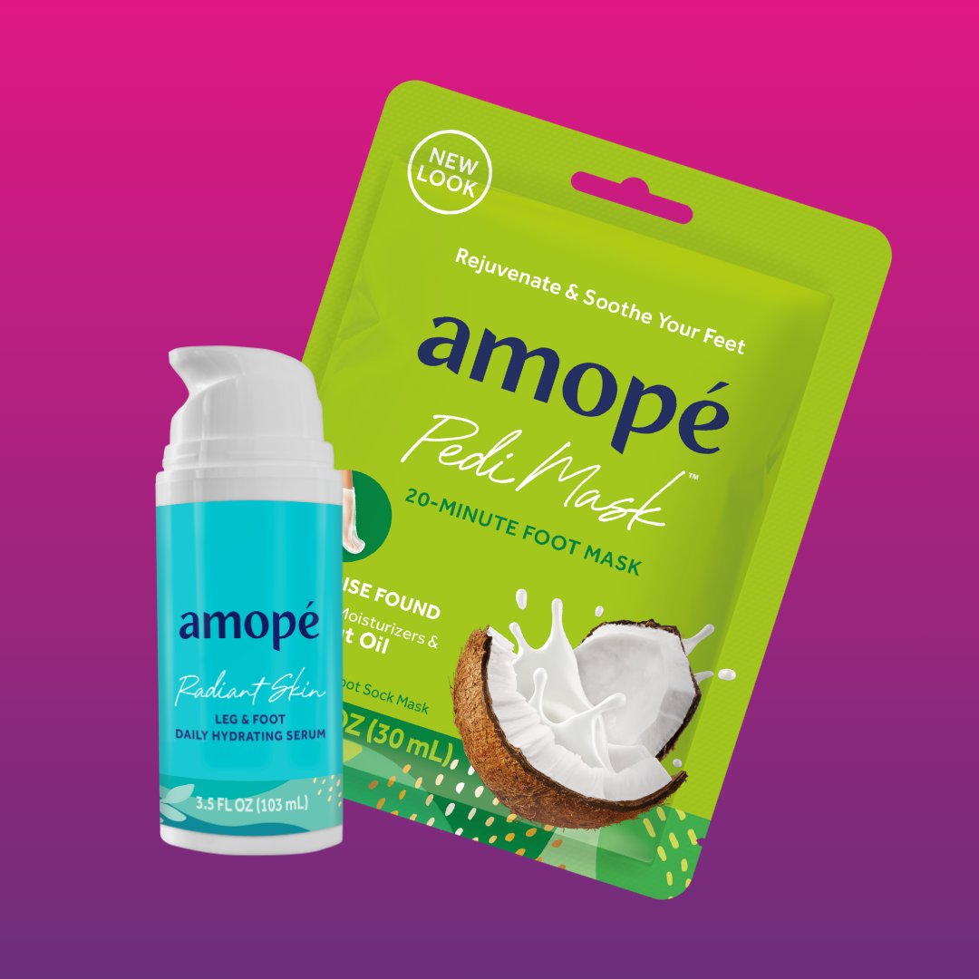 Meet Amopé’s hydration heroes: our Radiant Skin Leg &amp; Foot Daily Hydrating Serum and our PediMask™ 20-Minute Foot Masks! 💦✨ Heroes, keeping you fabulously moisturized every step of the way. Stock up for 2024! #amope #beaboldsole