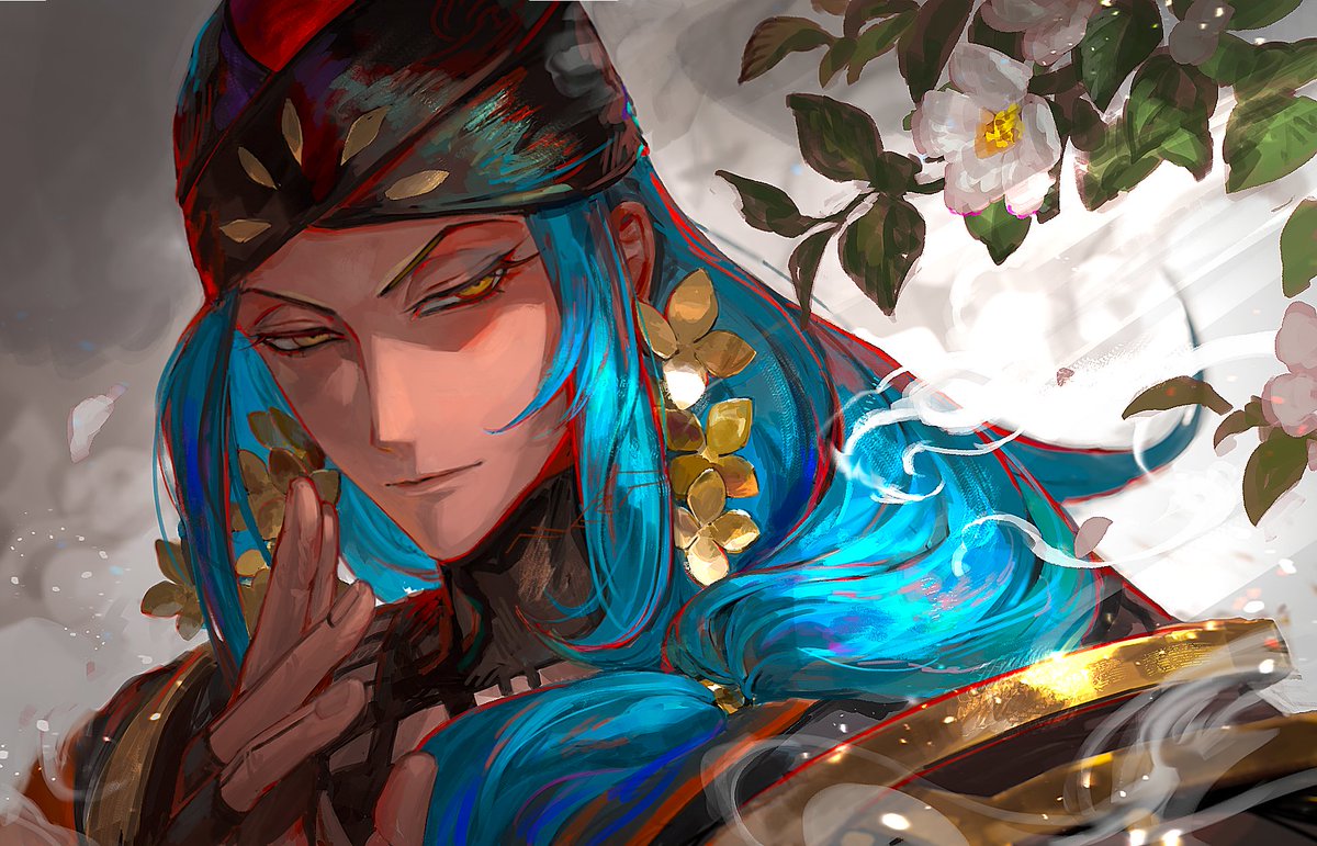 1boy male focus solo long hair flower blue hair gloves  illustration images