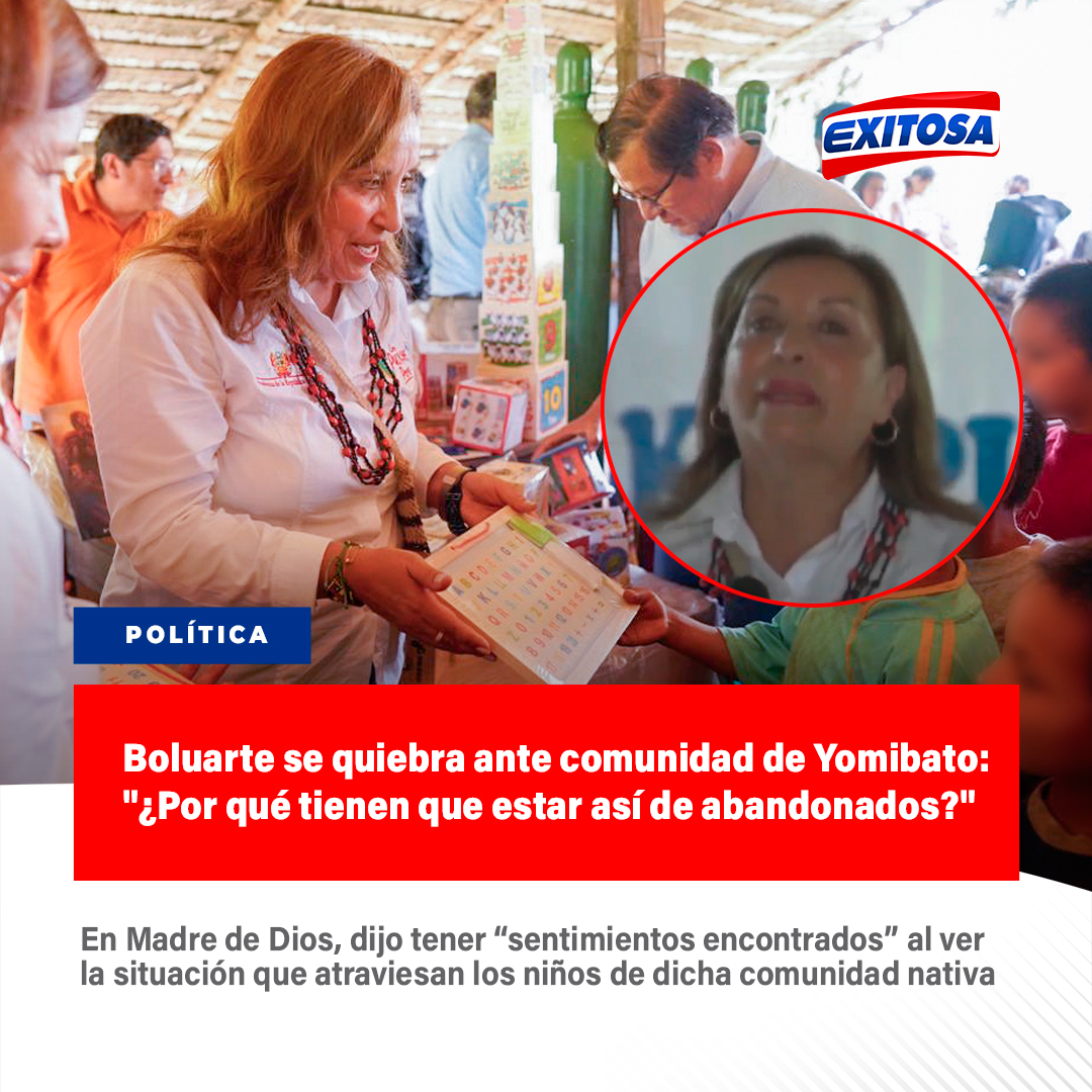 exitosape's tweet photo. 🔴🔵 La presidenta de la República, Dina Boluarte, se quebró durante un evento en Madre de Dios.

"Tengo sentimientos encontrados aquí en Yomibato [...] ¿por qué tienen que estar así de abandonados?", manifestó.

🌐Más información: https://t.co/thokv9fFaL https://t.co/d6zBgEgAn4