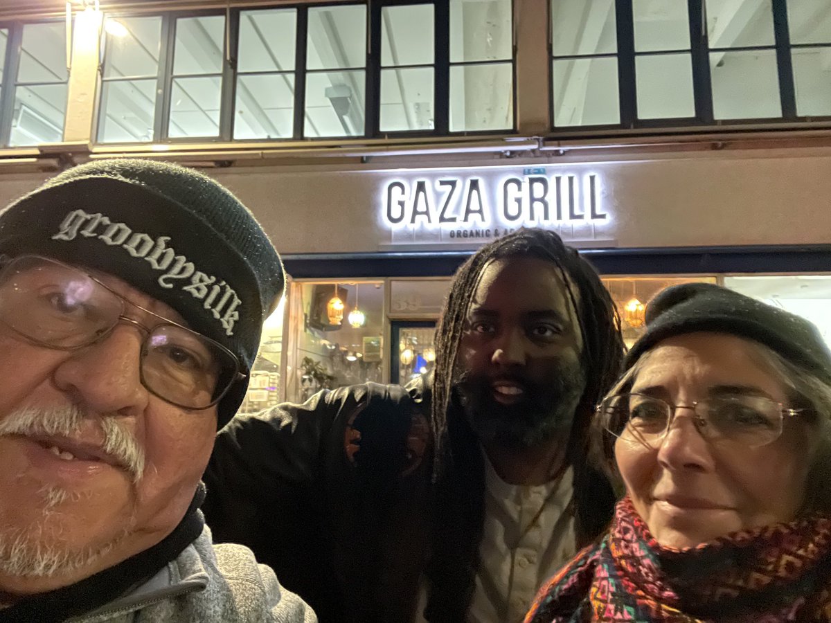 Trini and I with our friend Eric of Los Angeles in Copenhagen. Here at Gaza Grill that also supports people of Gaza.