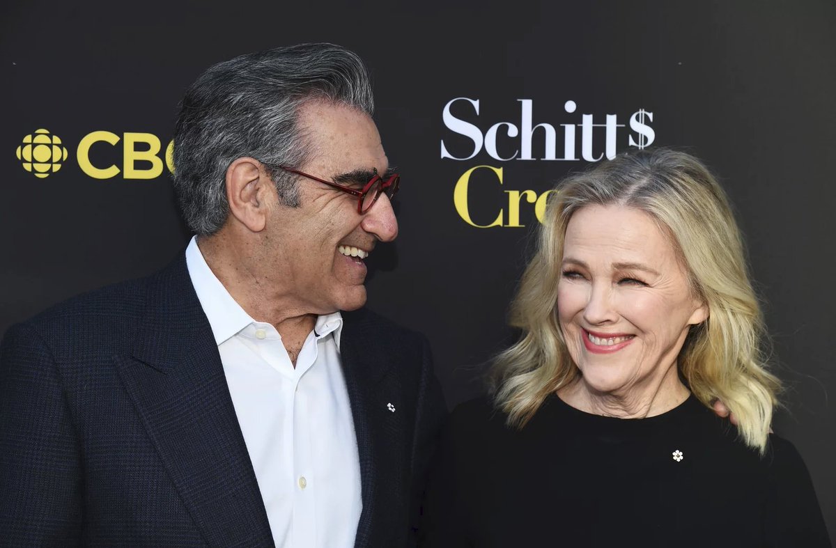 Friends Catherine O'Hara and Eugene Levy between takes on the set of #SchittsCreek and out &amp; about.