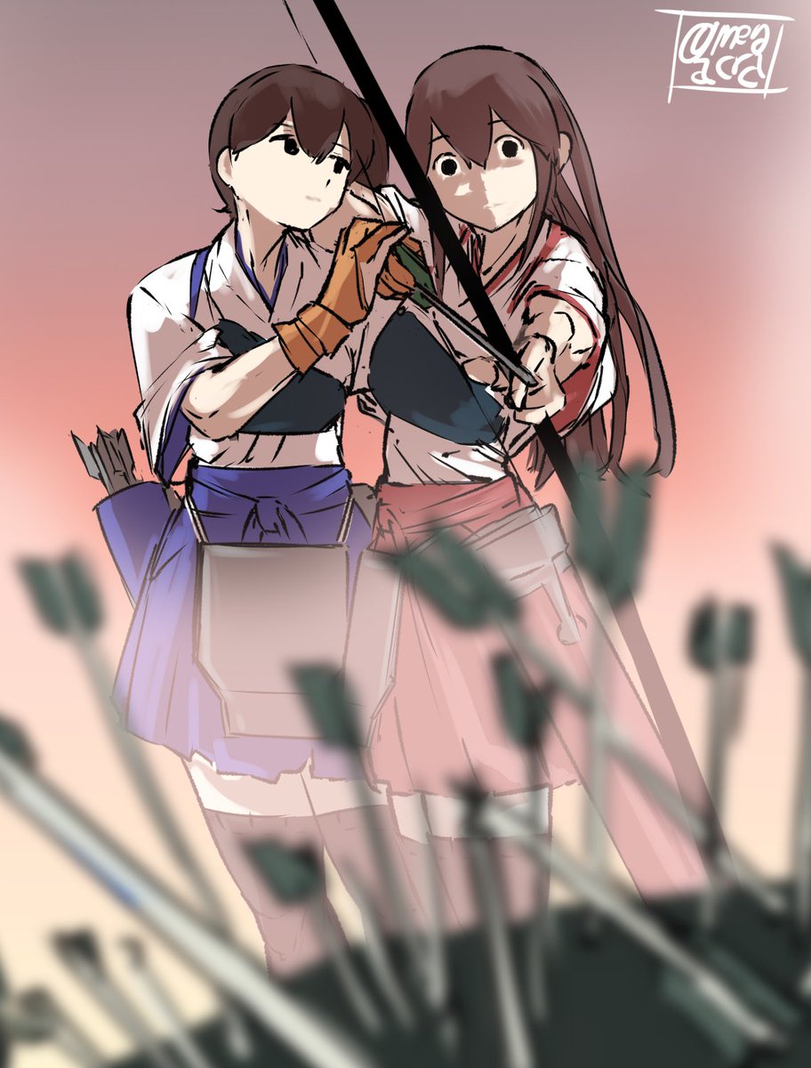 akagi (kancolle) ,kaga (kancolle) multiple girls 2girls long hair arrow (projectile) weapon muneate brown hair  illustration images