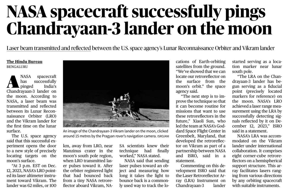 Ground Control to Major Tom...

*A NASA Spacecraft has successfully pinged India's Chandrayaan-3, using an Oreo-sized reflector on the Vikram lander.* (The Hindu)