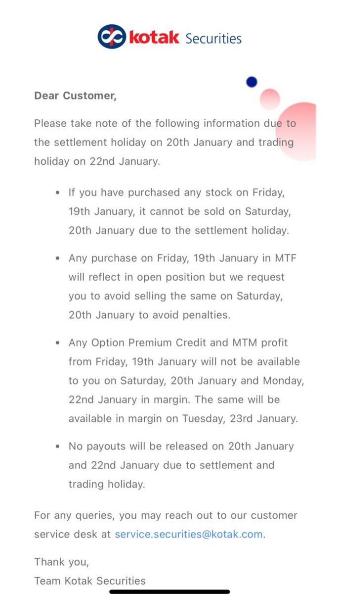 Today, Saturday 20th Jan is trading day. However, it's a settlement holiday. 22nd jan, Monday is both trading and settlement holiday. So, any credit for option premium and mtm profit for trades done on 19th will not be available today. It will reflect only on 23rd Jan. Please…