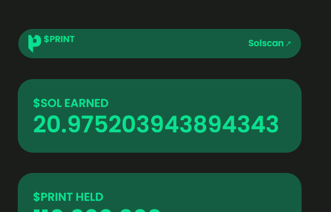 spent 10k on <a href="/PrintProtocol/">Print Protocol | $SOL Revenue Share</a>, already got back close to 20 percent through rewards alone while my bag has 20x. $sol season is getting crazy. 

First ever rewards protocol on #solana, don't miss out. Evergrow vybes.