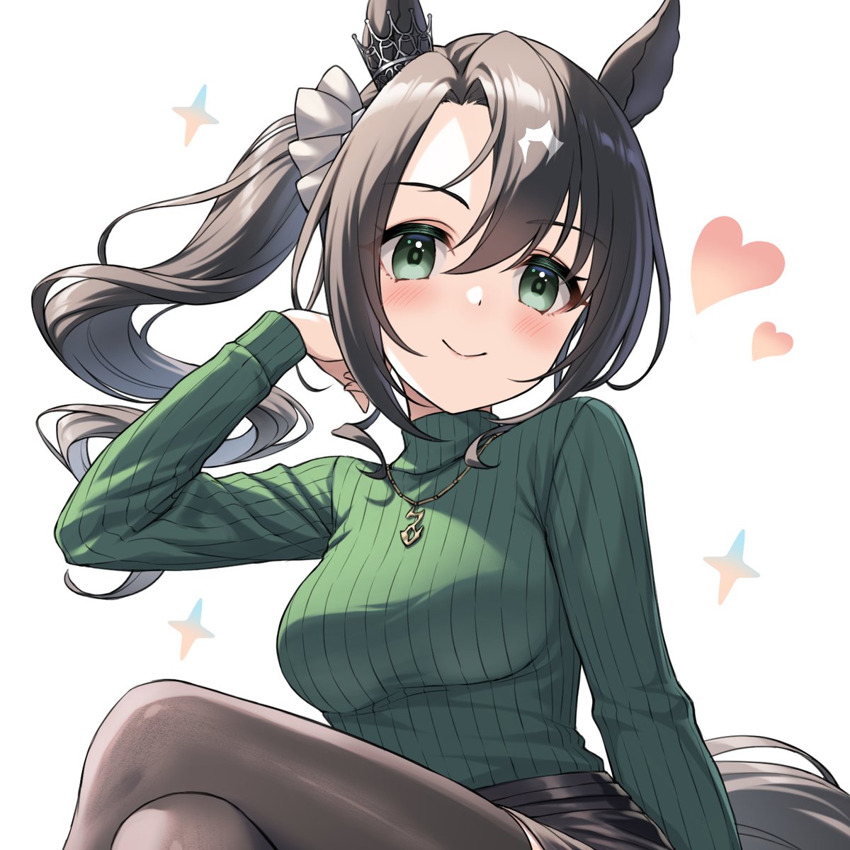 1girl solo animal ears horse ears sweater green eyes tail  illustration images