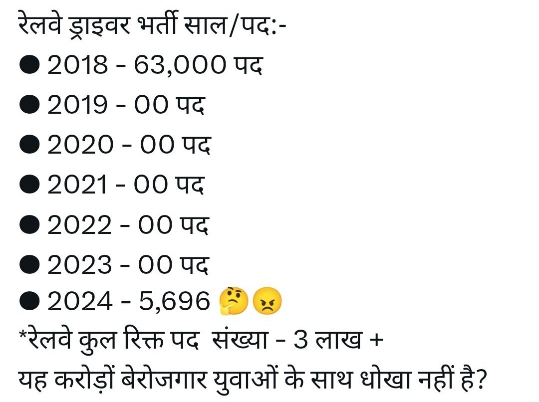 रेलवे ड्राइवर (ALP) भर्ती में युवाओं की मांग:-
1. पद संख्या 5,696 के स्थान पर 50,000 करें।
2. आयु सीमा में 5 वर्ष की छूट प्रदान करें।
3. रेलवे भर्ती वर्ष 2024 का कैलेंडर जारी करें।
#IncreaseRailwayALPVacancy
#IncreaseRailwayALPVacancy

<a href="/PMOIndia/">PMO India</a> <a href="/AshwiniVaishnaw/">Ashwini Vaishnaw</a>