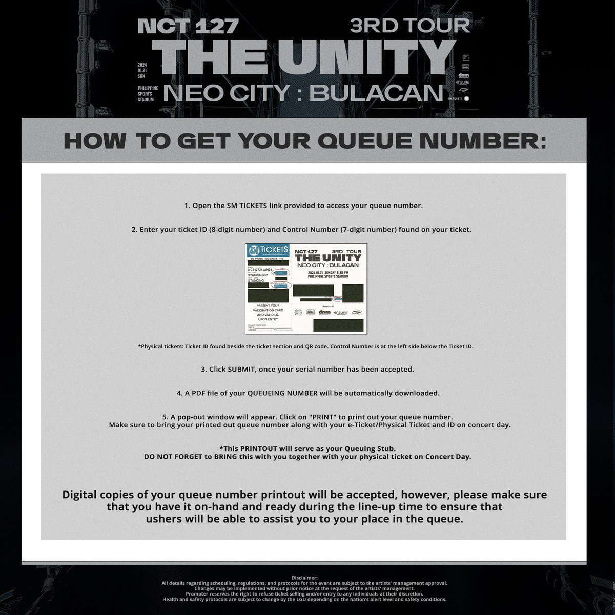 dnmentph's tweet image. Bright lights in Neo City because the queueing system is finally here! For Standing N, C, T ticket holders, you may now download your queueing numbers through the link below. 💚 

🔗: smtickets.com/v1/2024NCTBula…

🗓️2024.01.21 | 6:30 PM
📍Philippine Sports Stadium
🎫SM Tickets…
