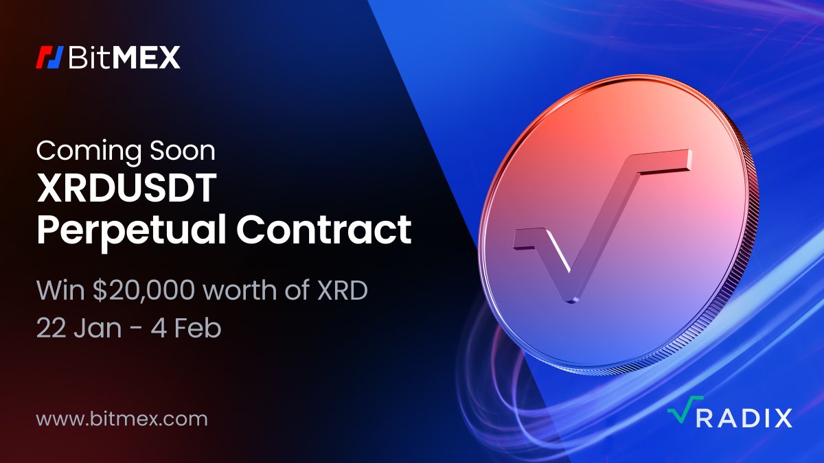 👋@radixdlt community In a few days, $XRD is coming to BitMEX via a new perp – XRDUSDT – with up to 10x leverage. To celebrate, we’re launching a new trading competition with Radix: 📅 22 Jan - 4 Feb 🏆 Up to $20,000 in XRD More details on the new listing and competition👇…