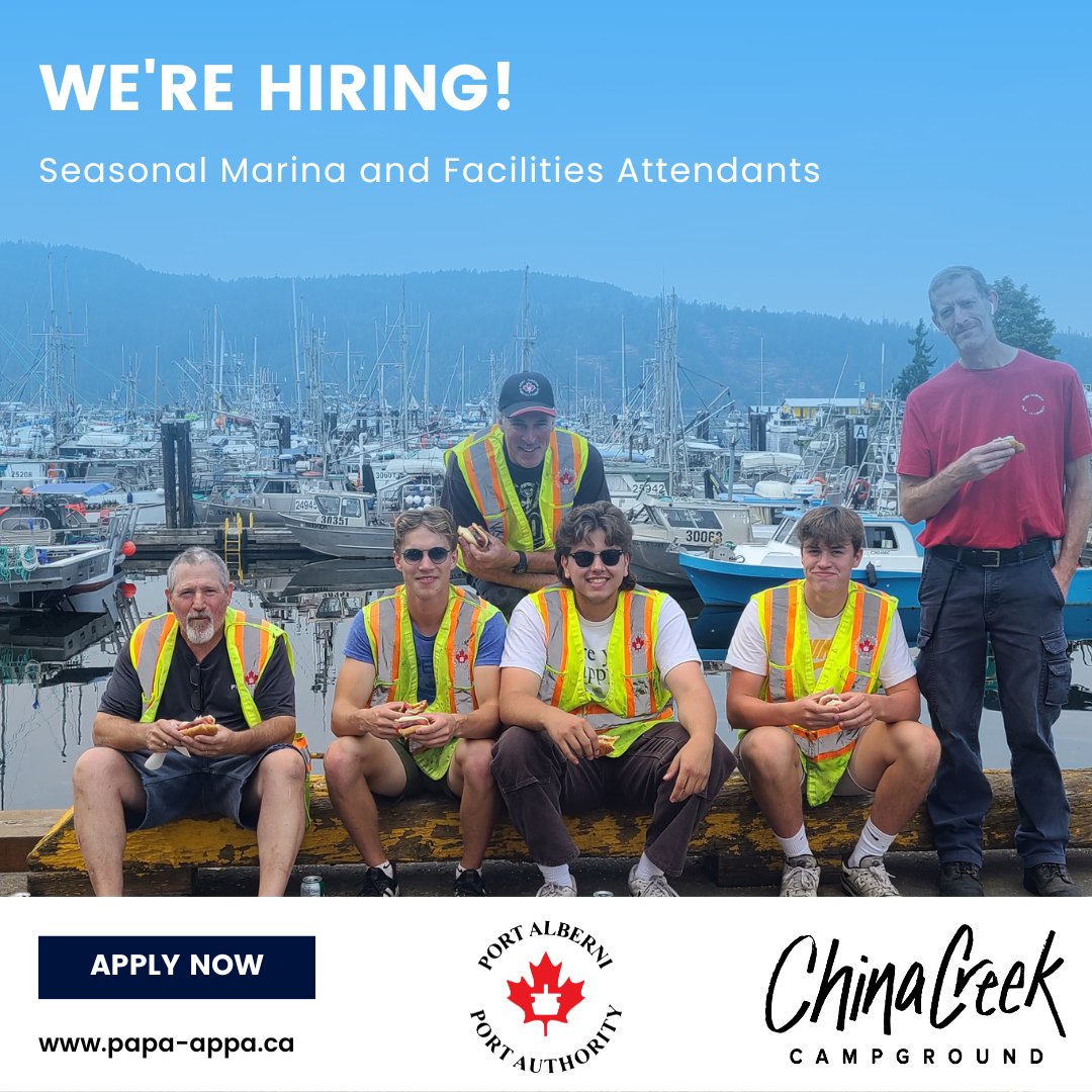 PAPortAuthority's tweet photo. #HIRING Seasonal Marina and Facilities Attendants March 1st to Sept 30th!  

Work with a fun team surrounded by incredible views at one of our marinas: 
🛥Clutesi Haven  
🚤Harbour Quay
🐟Fisherman's Harbour
⛺️China Creek Campground &amp; Marina

More at: https://t.co/COthRrt4o8 https://t.co/vI3KNhKdyL