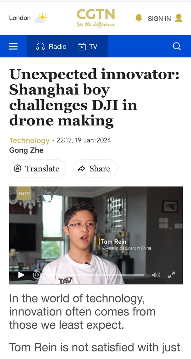 shaunrein's tweet image. Super proud Baba! CGTN's profile of my son Tom and his drones & speakers was just released! They call him "an unexpected innovator". CGTN is China's largest television network.
Watch the video and read. So excited for Tom and proud of him
news.cgtn.com/news/2024-01-1…