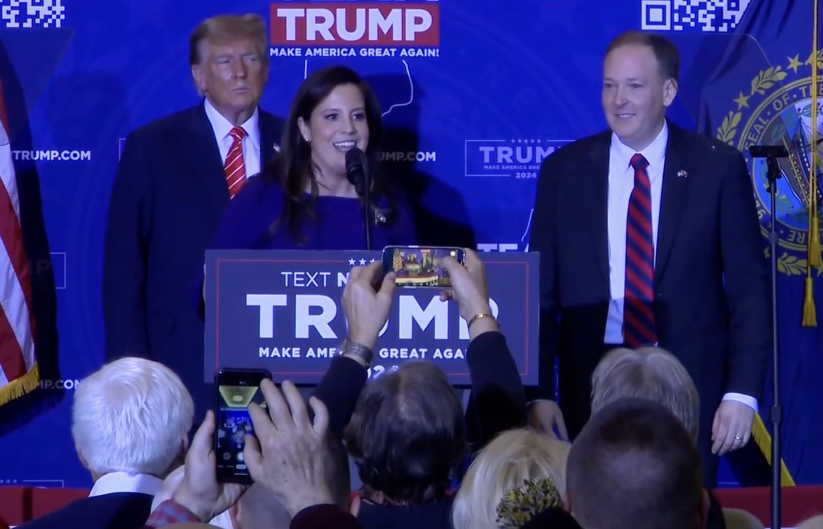 At his rally tonight in NH, Trump invited New Yorkers @EliseStefanik and @leezeldin onto the stage with him. He praised Stefanik's 'surgical' questioning of college presidents at a House hearing and Zeldin's run for governor of NY. #FITN #NewHampshire