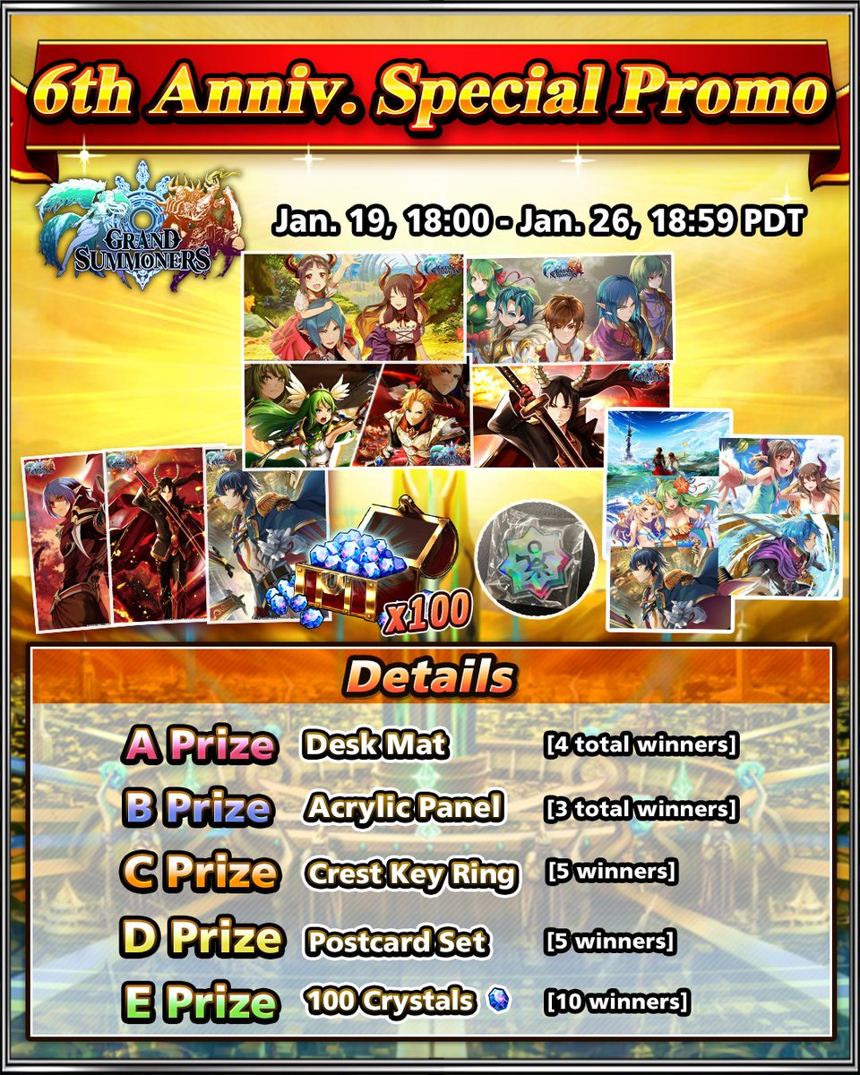 We're holding a special giveaway for the coming 6th Anniversary of Grand Summoners! ✨

Enter for your chance at fantastic prizes, and catch our livestream on 1/26, 18:00 PST!

How to enter
① Follow <a href="/GRDSMN_GLOBAL/">Grand Summoners</a>
② Repost this with #GrandSummoners #6thAnniversary in your