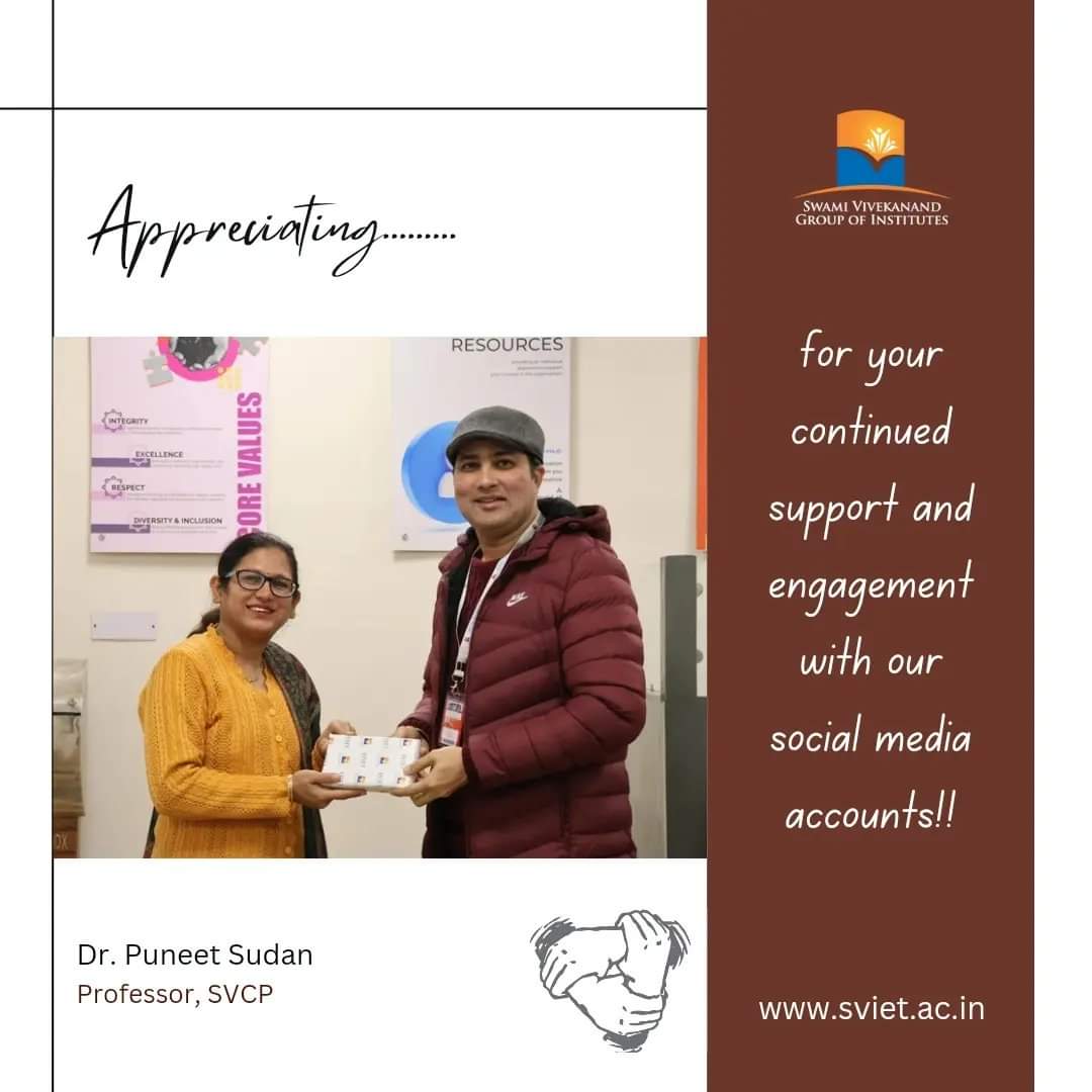 svietofficial's tweet photo. We wanted to take a moment to express our sincere appreciation towards Dr. Puneet Sudan, Professor, #SVCP for his continued support and engagement with our social media accounts.

We are excited to announce that we will be rewarding one lucky follower after every 1 week. https://t.co/b11nsFMD8W