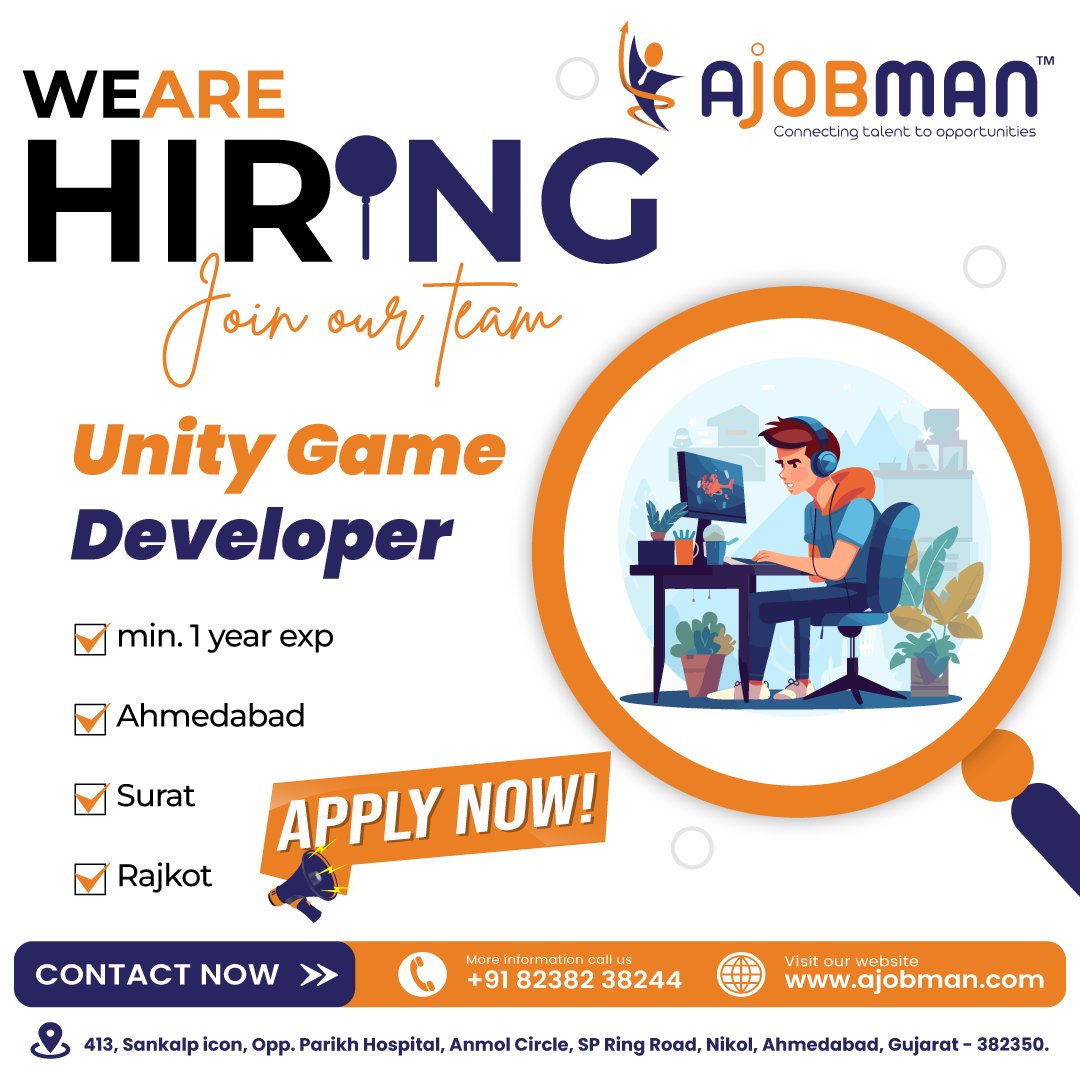 a_jobman's tweet image. Are you a passionate #UnityGameDeveloper ready to level up your career?
We're Hiring #UnityGameDevelopers
EXP: Min. 1 Year
WorkFromOffice
Location: #Ahmedabad, #Surat, #Rajkot
💯% #JobPlacement
Terms & condition apply
Send your CV & Contact us:
+91 8238238244, info@ajobman.com