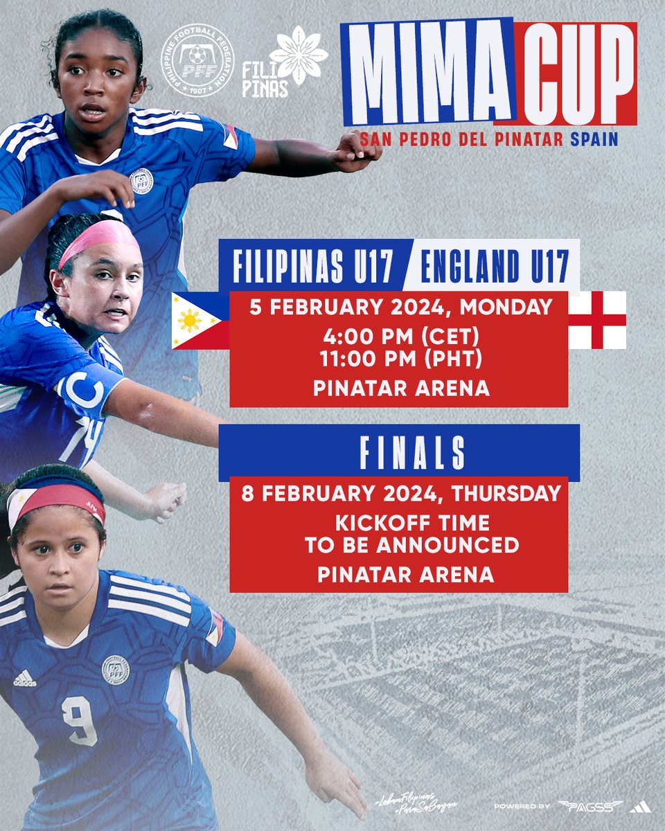The #FilipinasU17 will compete in the Mima Cup in Spain as part of the preparations for the AFC #U17WAC later this year.

The international women's U-17 tournament will also feature teams from England 🏴󠁧󠁢󠁥󠁮󠁧󠁿, Scotland 🏴󠁧󠁢󠁳󠁣󠁴󠁿 &amp; Sweden 🇸🇪.

➡️: 🇵🇭🏴󠁧󠁢󠁥󠁮󠁧󠁿
🗓️: February 5
📍: San Pedro del Pinatar