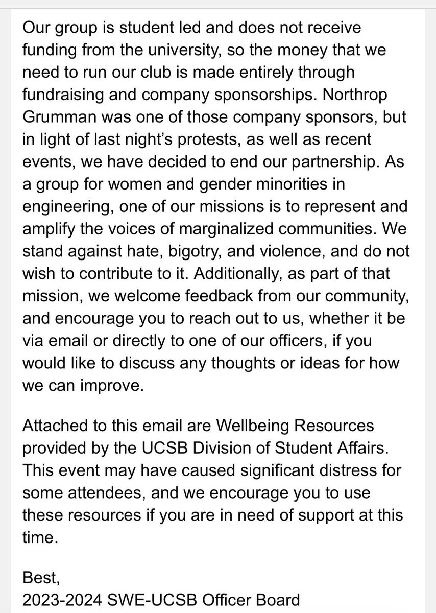 Holy shit more breaking news — WE WON: the Society of Women Engineers just announced that they are ending their partnership with Northrop Grumman. Thank you SWE for standing with Palestine  ❤️🖤💚