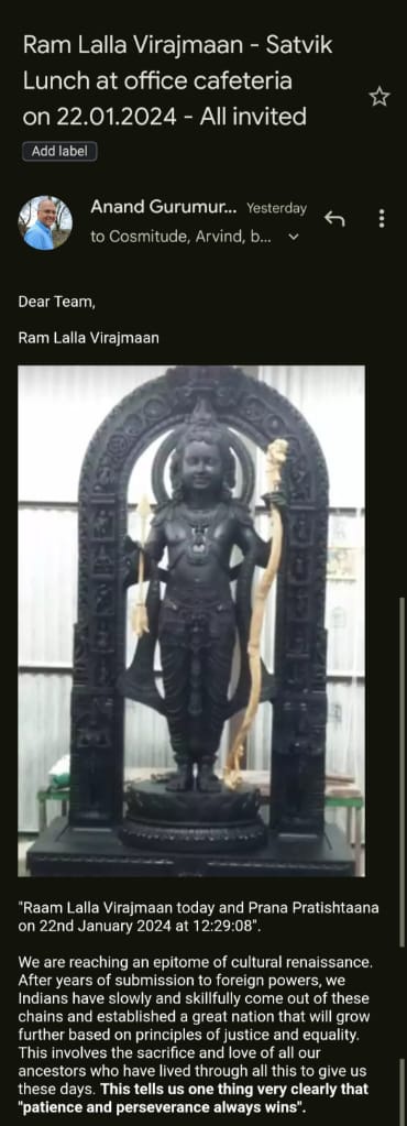 cosmitude's tweet photo. At Cosmitude Softwares Private Limited we are having Puja followed by Satvik lunch to celebrate "Ram Lalla Virajmaan prana Pratishtana" on Monday 22nd January 2024.🙏🏽
Our CEO Shri @anandgurumurthy message in the photo attached. https://t.co/fMsV3H4d8m