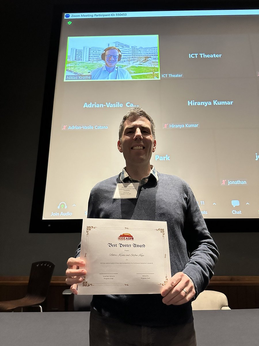 Congratulations to N. Krome and S. Kopp for winning the #IEEEAIXVR 2024 best poster award for their work “Minimal Latency Speech-Driven Gesture Generation for Continuous Interaction in Social XR.”
