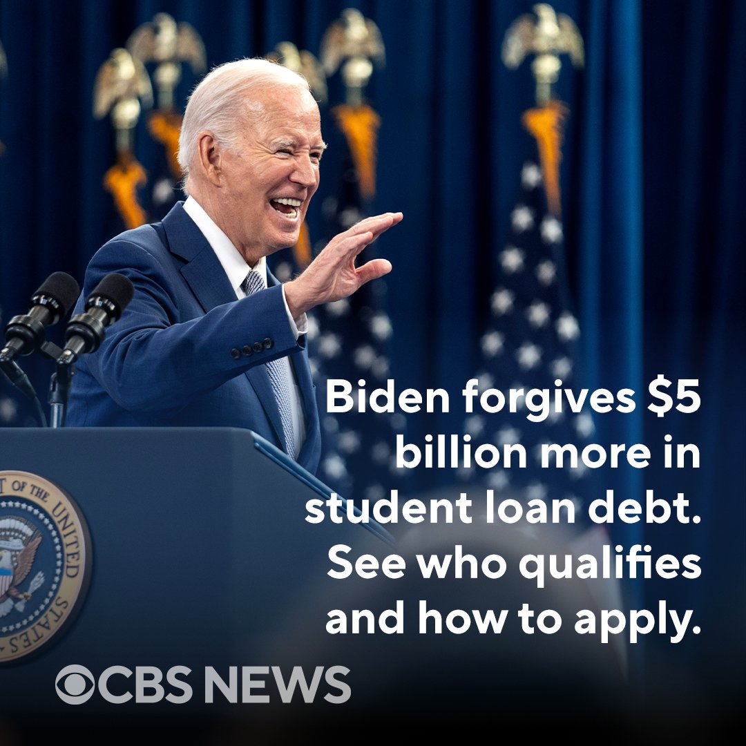 CBSNews's tweet photo. Student loan relief is coming to another 74,000 Americans, with President Biden on Friday announcing an additional $5 billion in debt forgiveness for borrowers including teachers, nurses and firefighters. https://t.co/thoBNCcZ03 https://t.co/uXR4AHfJE9