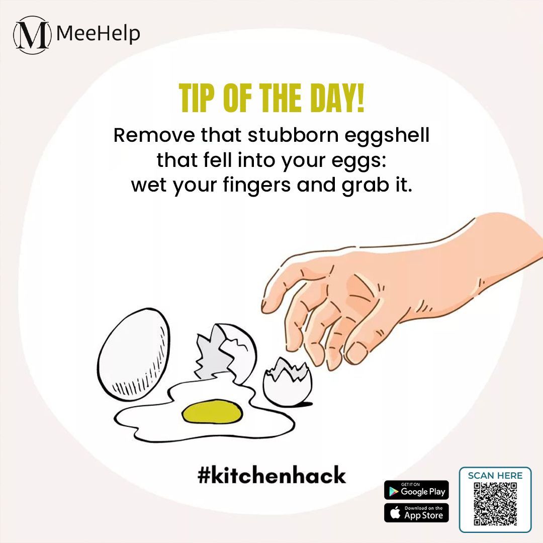 Kitchen Hack Alert! 🍳 Wet fingers are the magic touch to conquer stubborn eggshell invaders. Crack on with confidence! 💦✨ 
.
.
.
#meehelp #kitchenhacks #EggshellRemedy #kitchenhack #tipsandtricks #tips #easyhacks #lifehack #lifehacks #cookingtips #easytips #easyhacks