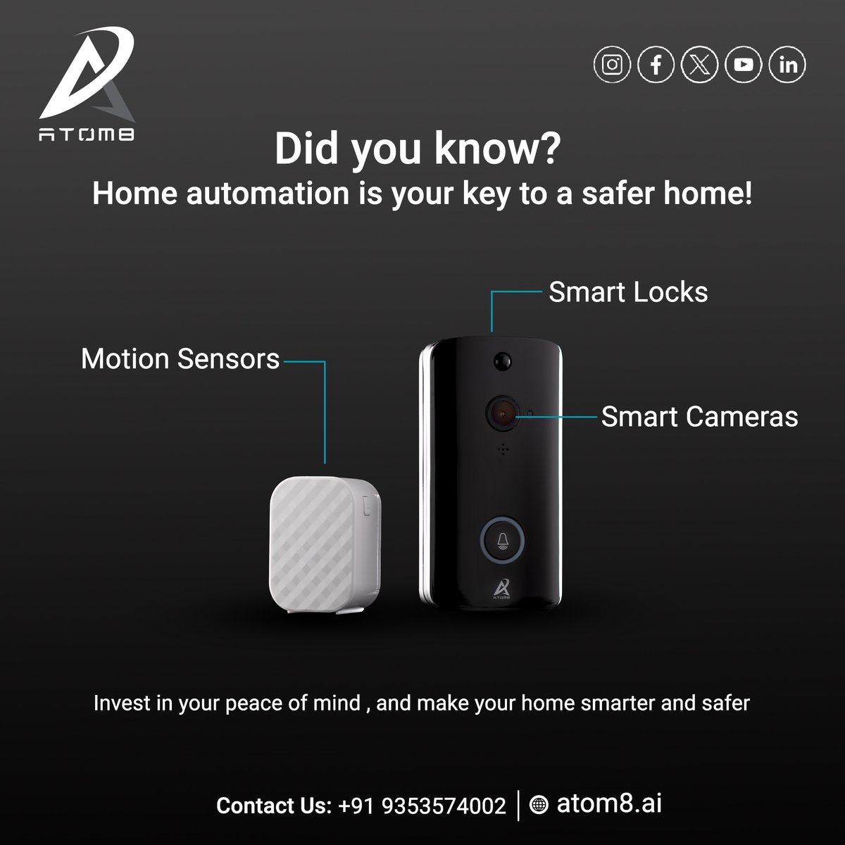 Atom8SmartHome's tweet image. Home security made smarter with Atom8 Home Automation. Motion sensors, smart locks, and cameras provide peace of mind. Invest in safety and elevate your home&apos;s protection.

#wifismartswitch #videodoorphone #motionsensor #futureofautomation #securehome #SmartLock #mobilecontrol