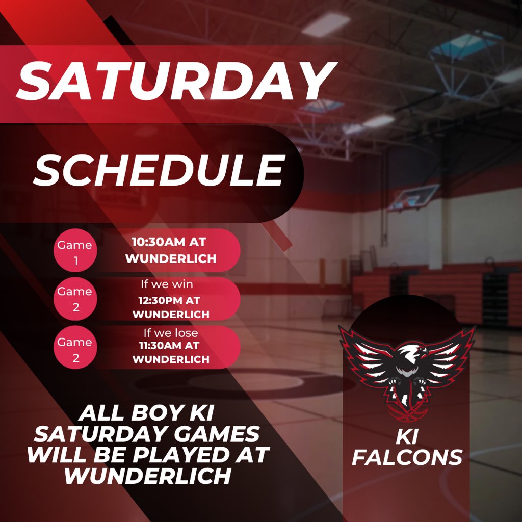 ALL BOY GAMES ARE AT WUNDERLICH TOMORROW. 8th Grade’s first game will begin at 10:30AM. The second game will depend on the outcome of the first. Come support! #FearTheFalcon #Respect #Together 🖤♥️