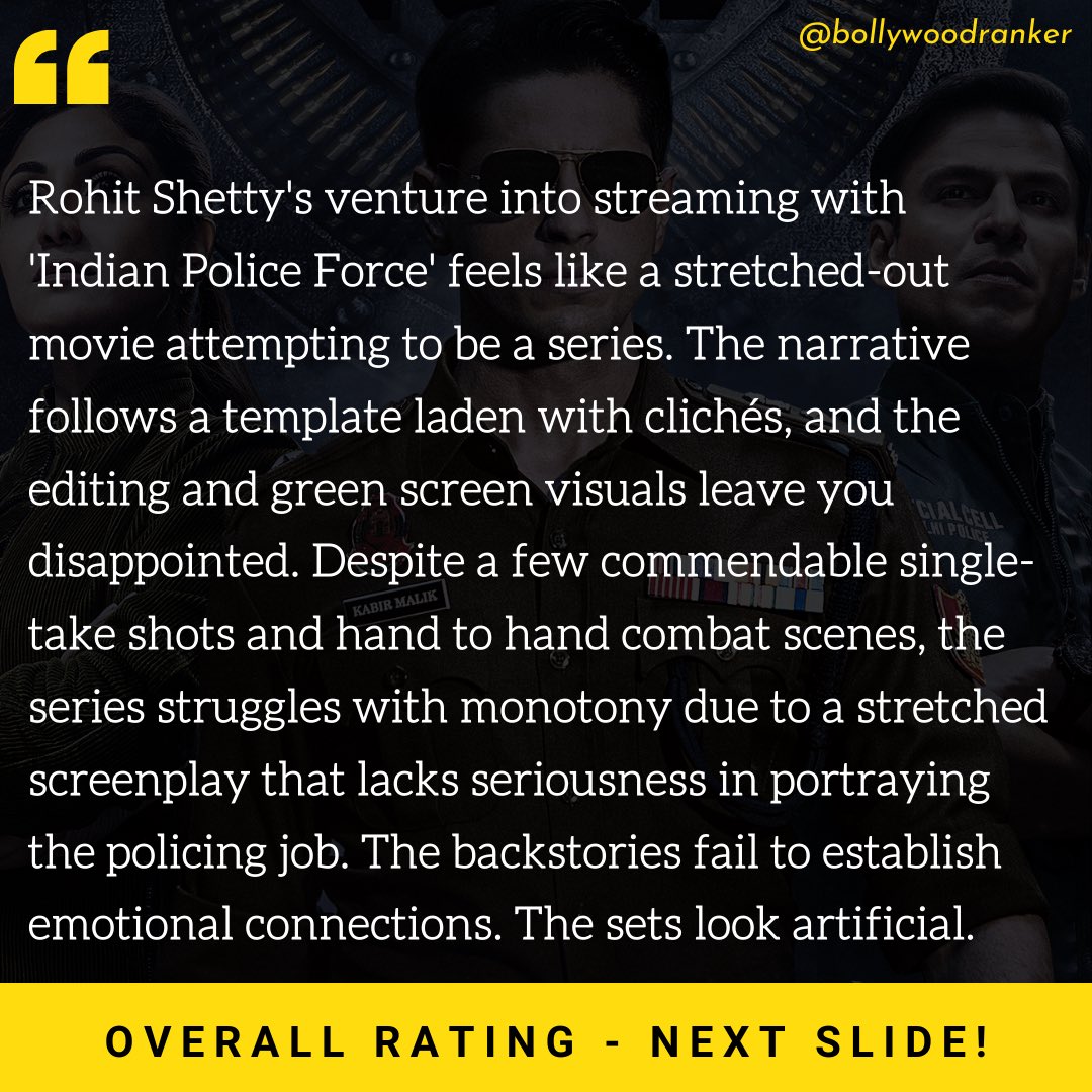 CineRanker's tweet photo. #IndianPoliceForceReview
Cliche & Stretched.
One of #RohitShetty’s weakest work.
Check out the Full review 👇
#IPF #SidharthMalhotra #VivekOberoi #ShilpaShetty #IndianPoliceForce https://t.co/IQNZvGtrJa